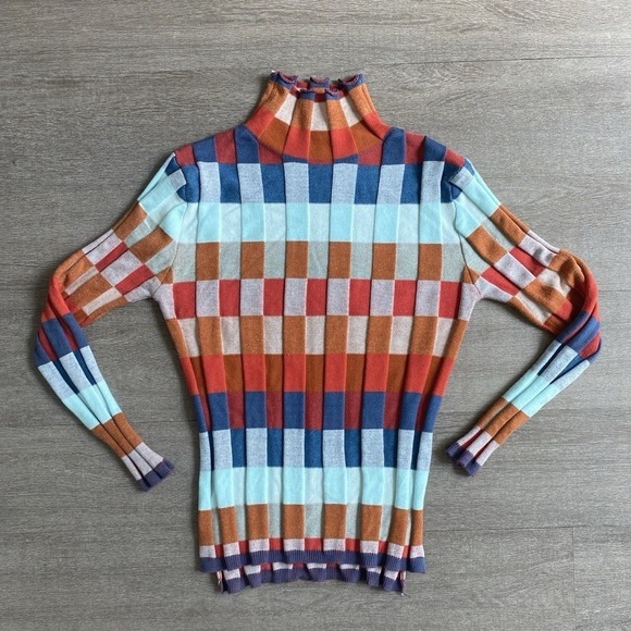 The Unbranded Brand Sweaters - Multicolored Plaid Check Pattern Whimsical‎ Ribbed Knit Turtleneck Vtg M/L 1353